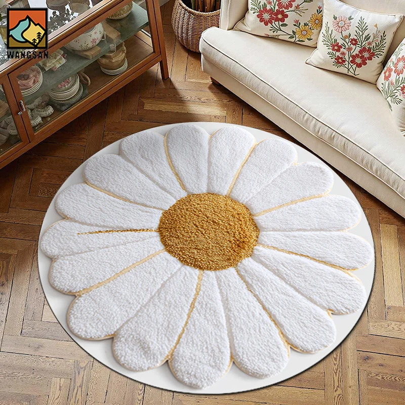 Machine Washable Daisy Flower Shaped Round Rug Flannel White Petals Yellow Center Soft Cozy Living Room Bedroom Decor