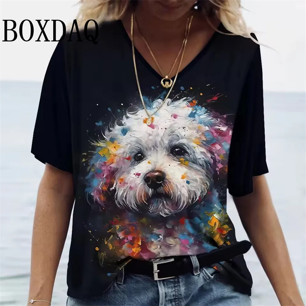 

Cartoon T-Shirt Women's Short Sleeve Summer Outdoor Casual V-Neck Short Sleeve Tops Oil Painting Puppy Print Oversize Clothing