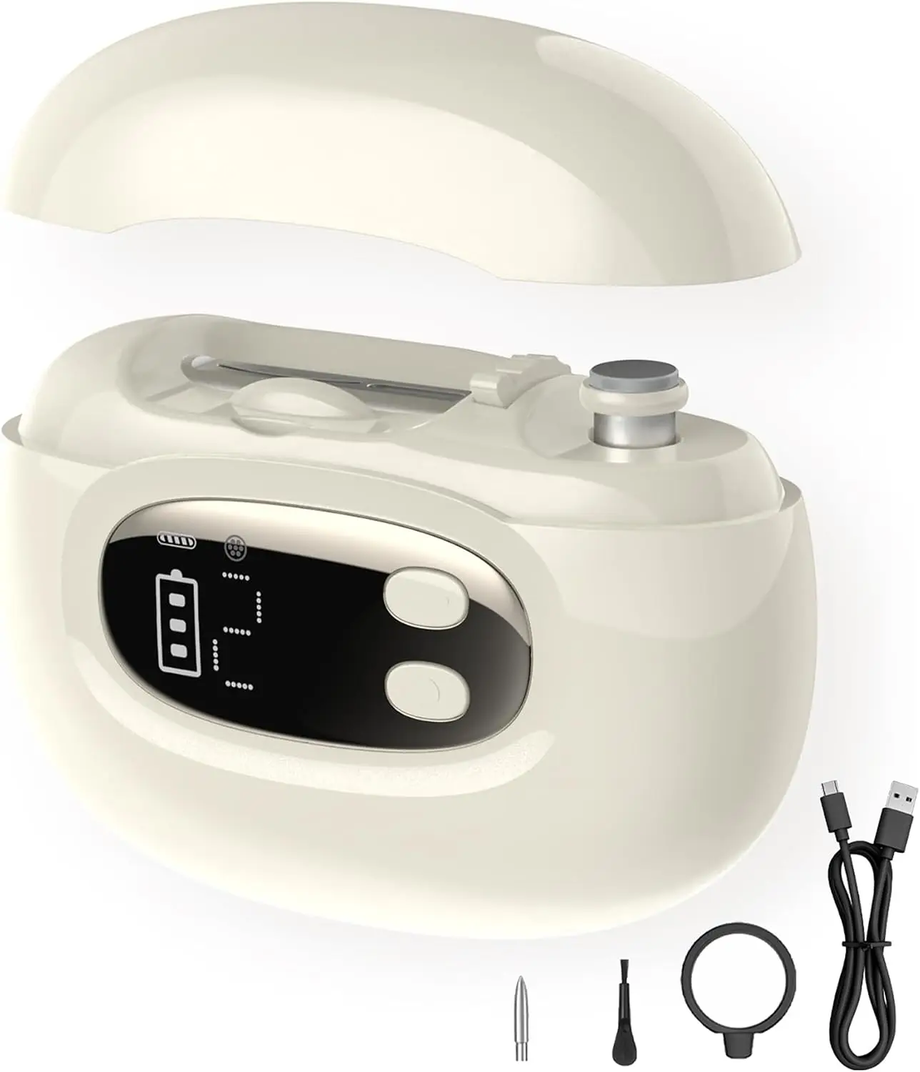 Travel Nail Tool, Electric Nail File, Anti‑split 4‑side Blade, Interchangeable Buffing Heads, HD Magnifier, Digital Display