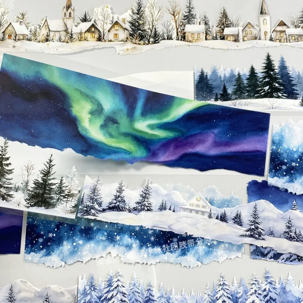 Winter Snow Scene PET Tape Sample, Aurora Night DIY Stickers for Journaling Scrapbooking Shaker Card Making Supplies