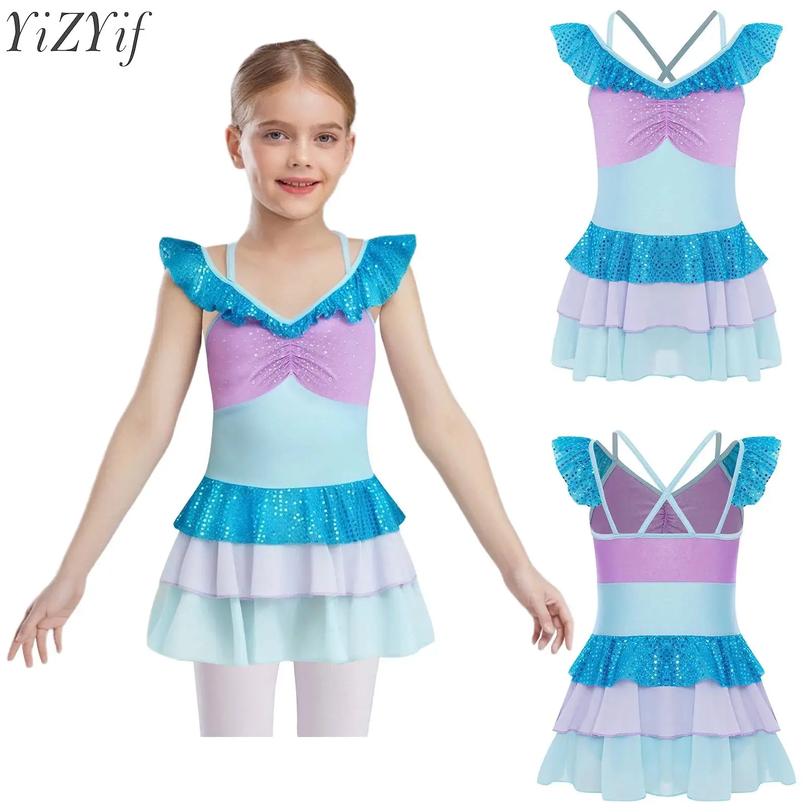 Kids Girls Figure Skating Dress Dance Performance Fairy Costume Cross Back Sequins Rhinestones Ruched Front Tiered Ruffled Dress