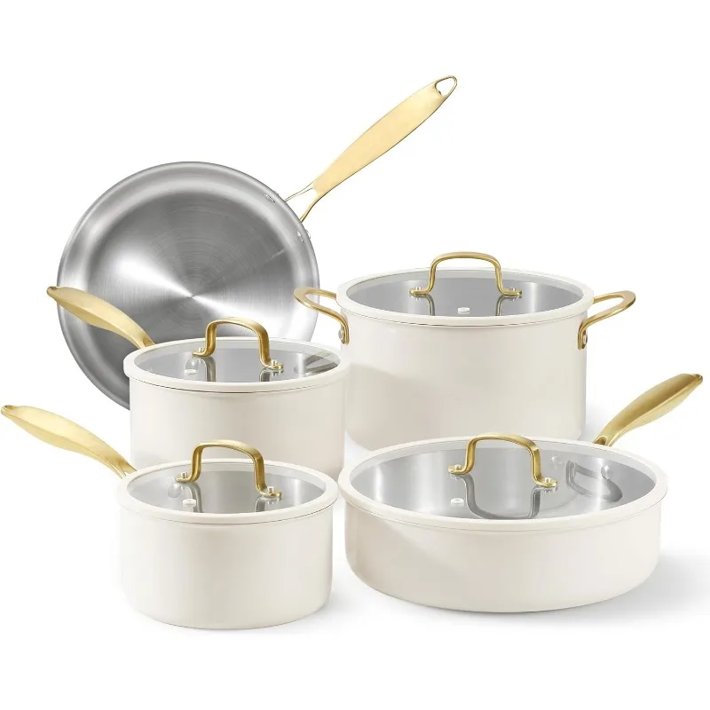 Stainless Steel Cookware Set, 9 Pcs Stainless Steel Pots and Pans Set with Tempered Glass Lids, Stay-Cool Golden Handles