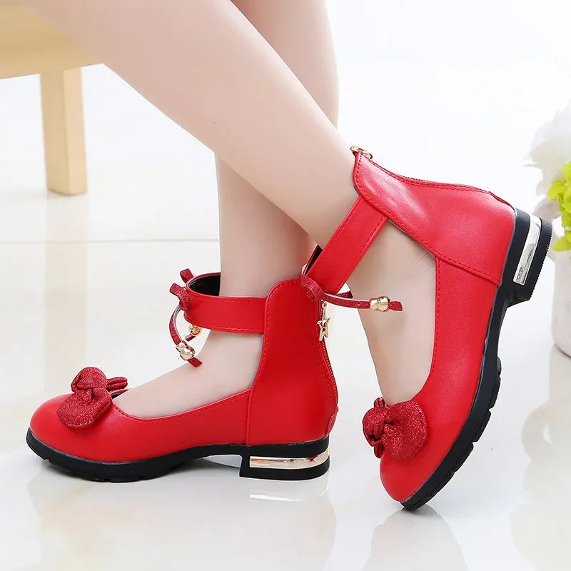 Girls Leather Shoes Low Heel Princess Dress Shoes for Wedding Fashion Bowknot High Top Kids Shoes Soft Sole Comfort Single Shoes