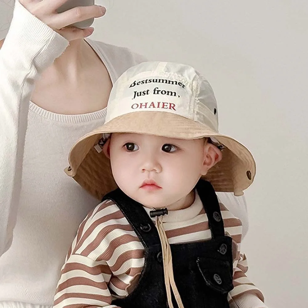 

Korean Style Candy Color Bucket Cap Breathable Comfortable Summer Kid Sun Hat Windproof Rope Letter Embroidery