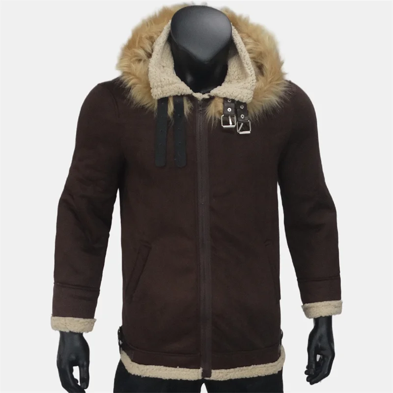 Men\'s Zipper Hooded Coat Winter Coldproof Thickened Fleece Jacket Belt Decoration Motorcycle Style Suede Menswear S-5XL