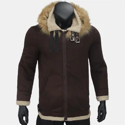 Men's Zipper Hooded Coat Winter Coldproof Thickened Fleece Jacket Belt Decoration Motorcycle Style Suede Menswear S-5XL