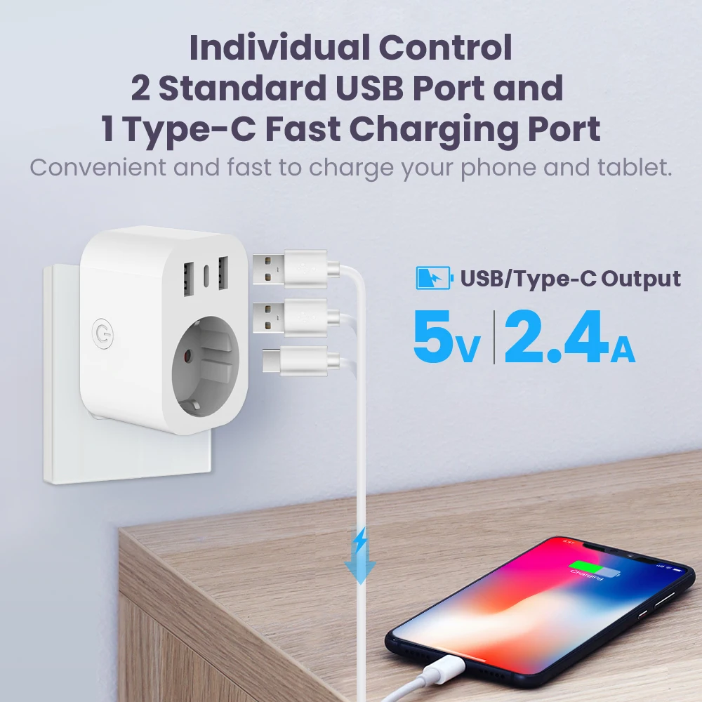 Tuya WiFi Smart Plug 16A EU Smart Socket with 2 USB 1 Type C Phone Charger Home Appliance Plug Adapter Works with Alexa Google