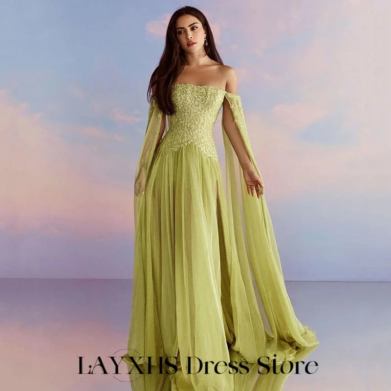 LAYXHS 絶妙なグリーンフォーマルイブニングドレスオフショルダーレースアップリケAラインサイドスリットプロムドレスカスタマイズされた فساتين سهر