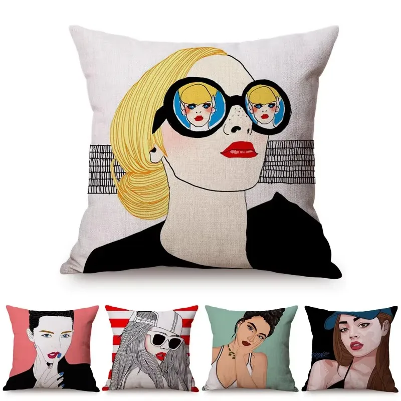 Modern Cool Girl Colorful POP Art Sofa Decoration Throw Pillow Case Delicate Woman Portrait Cotton Linen Cushion Cover cojines
