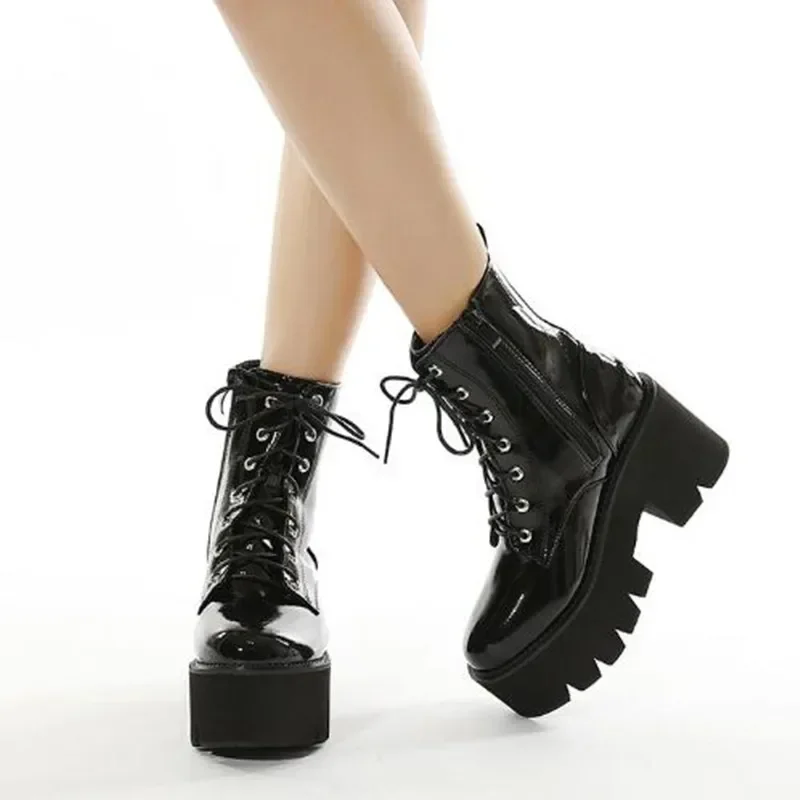 Fashion Chunky Motorcycle Boots for Women Autumn Winter Goth Boots Fashion Round Toe Lace-up Combat Boot Ladies High heels Shoes - view 5