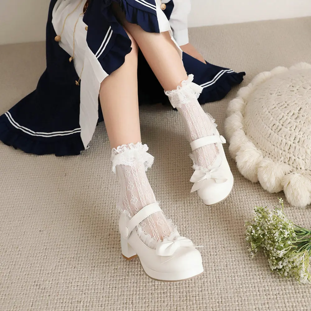 Women Block Heel Bow Mary Janes Ankle Strap Pumps Lolita Shoes Closed Toe Comfort School Girls Dress Party JK Cosplay Lace Edge