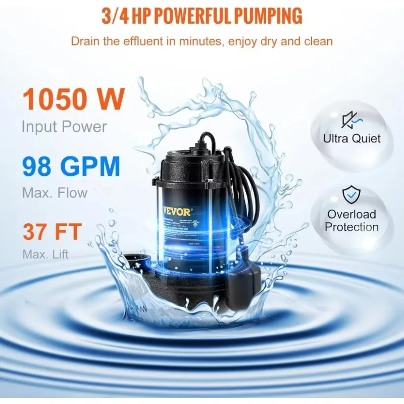 VEVOR 3/4 HP, 5880 GPH Submersible Sump Pump, Wear-proof Cast Iron Construction, with Tethered Float Switch, 10 FT Power Cord