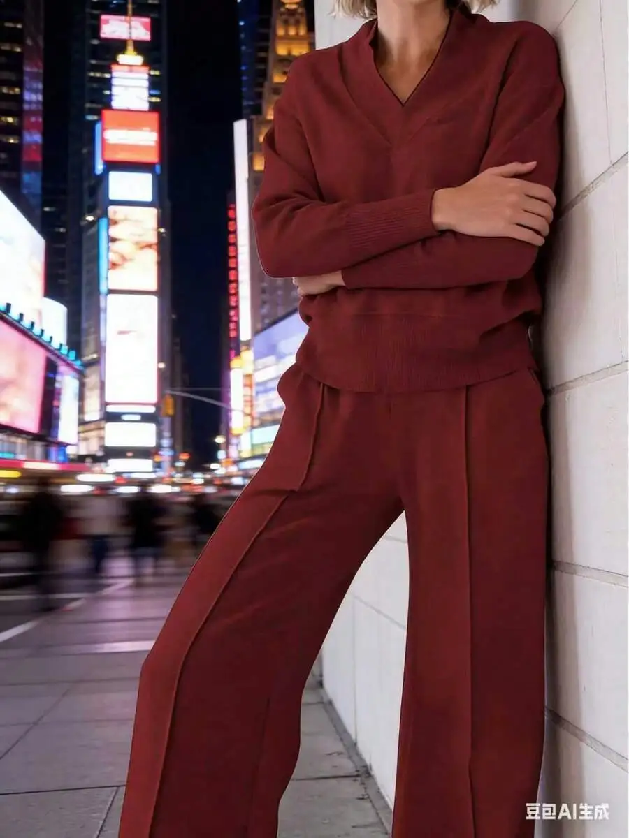 

Burgundy V-Neck Loose Long Sleeve Top And Wide Leg Pants Set Anti-Wrinkle Machine Washable Office Casual
