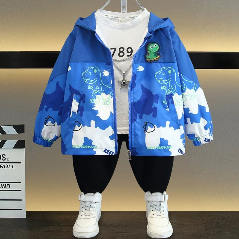 1 2 3 4 5 6 Years Cartoon Dinosaur Spring Boys Coats Children Outdoor Sport Hooded Jacket For Kids Children Outerwear