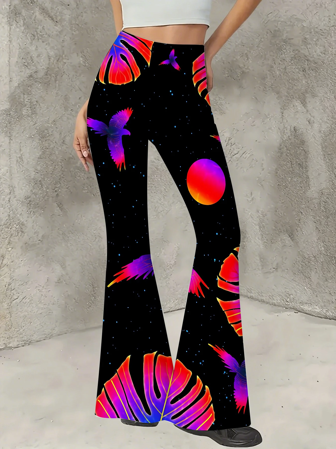 

Women's Striped Print Flare Pants Loose Fit Knit Wide Leg Bell Bottom Trousers