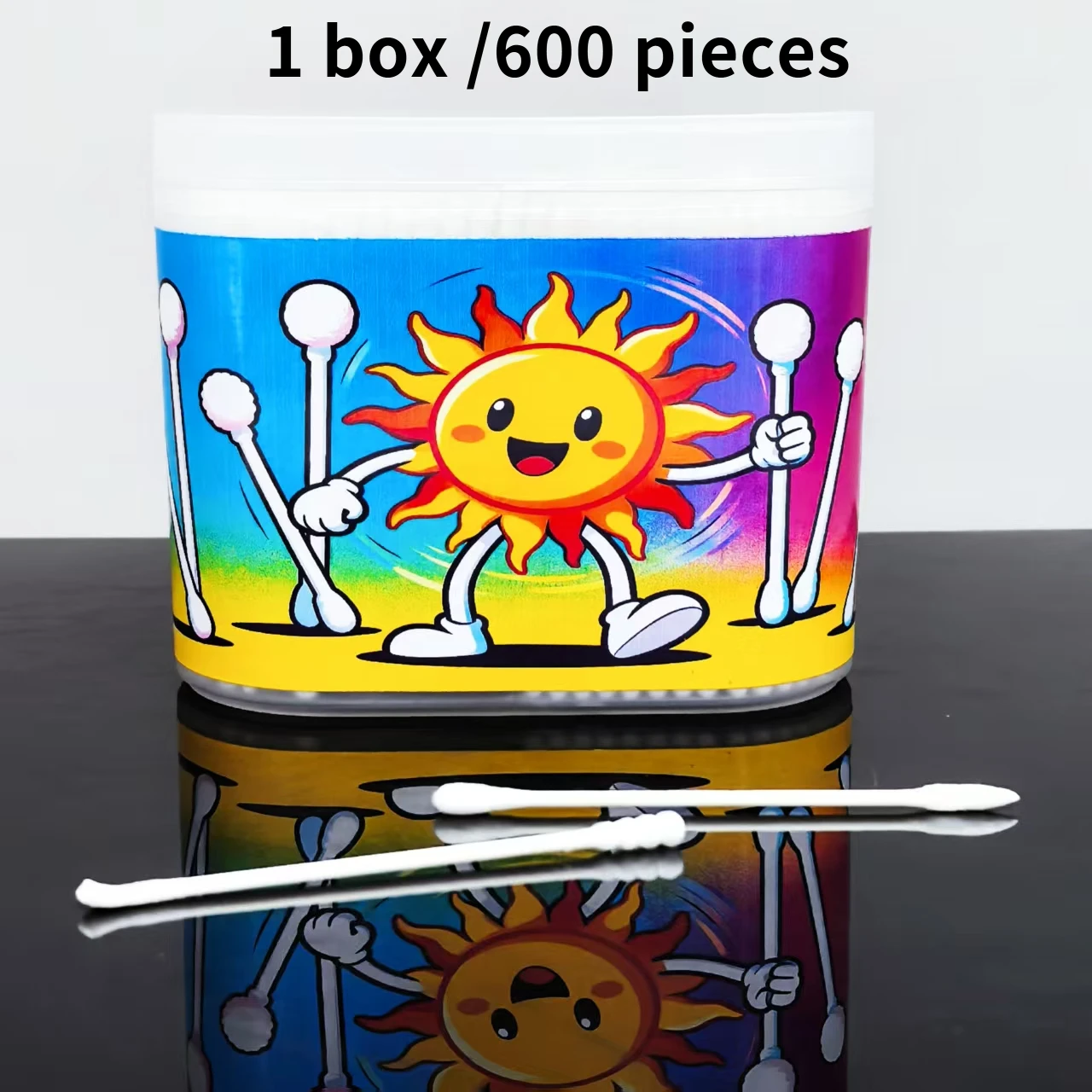 600 piezas de hisopos de algodón con patrón de sol creativo, caja de doble cabeza, hisopos de algodón, hisopos de algodón de doble cabeza de eje fino