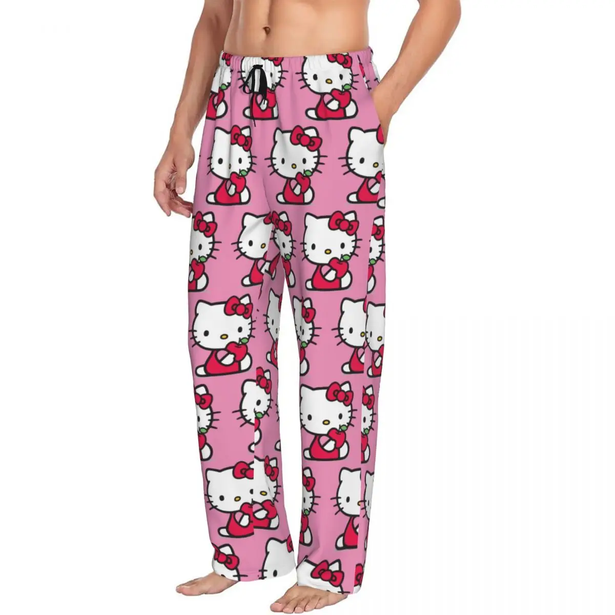 Pantalon de pyjama Hello Kitty pour homme, vêtements de nuit, ceinture élastique, bas de salon avec poches, dessin animé, anime, personnalisé