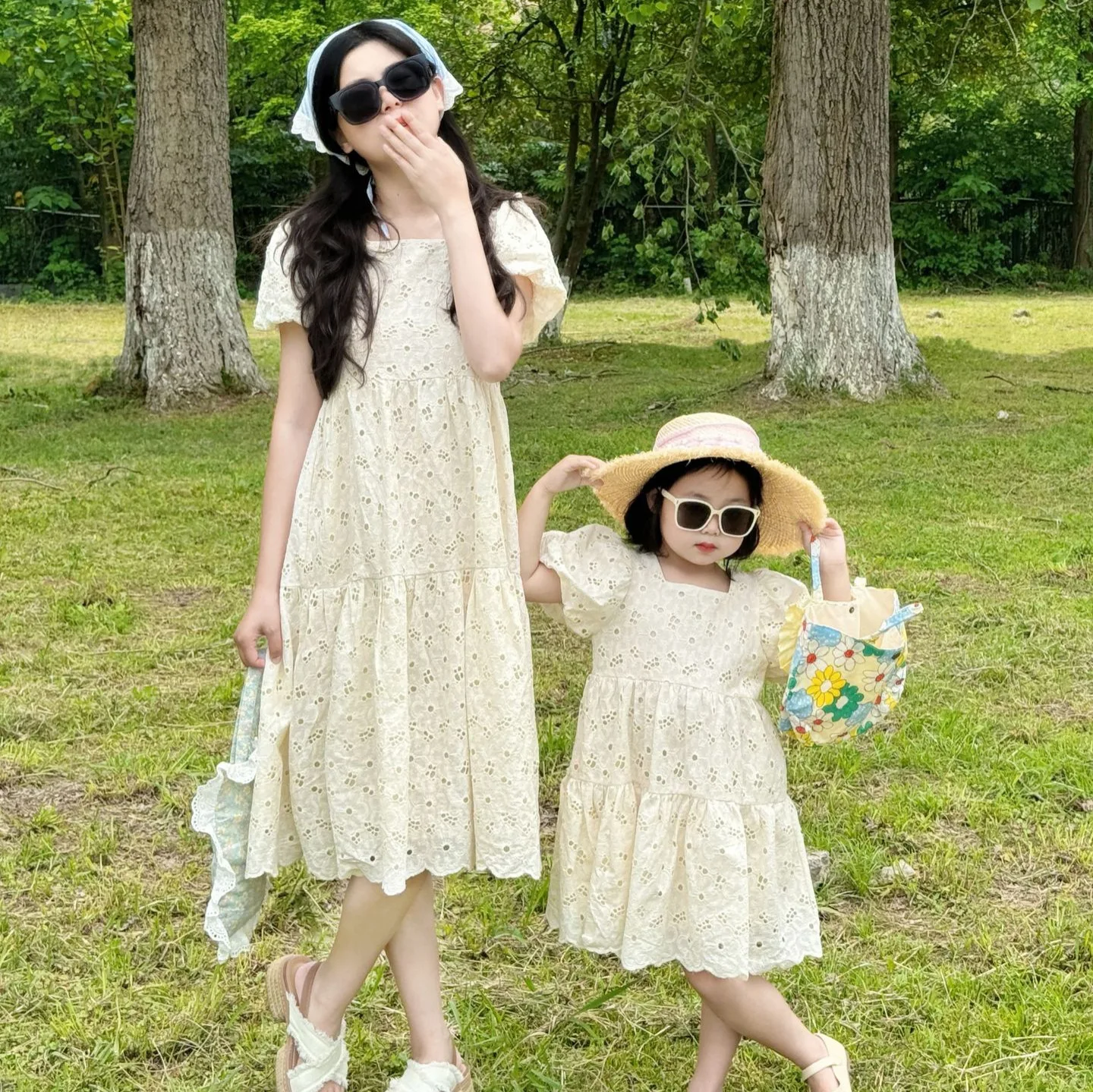 Matching Mother Daughter Dress 2024 Summer Mom and Baby Girl Shor Sleeeve Dresses for Women Clothing Korean Children\'s Frocks