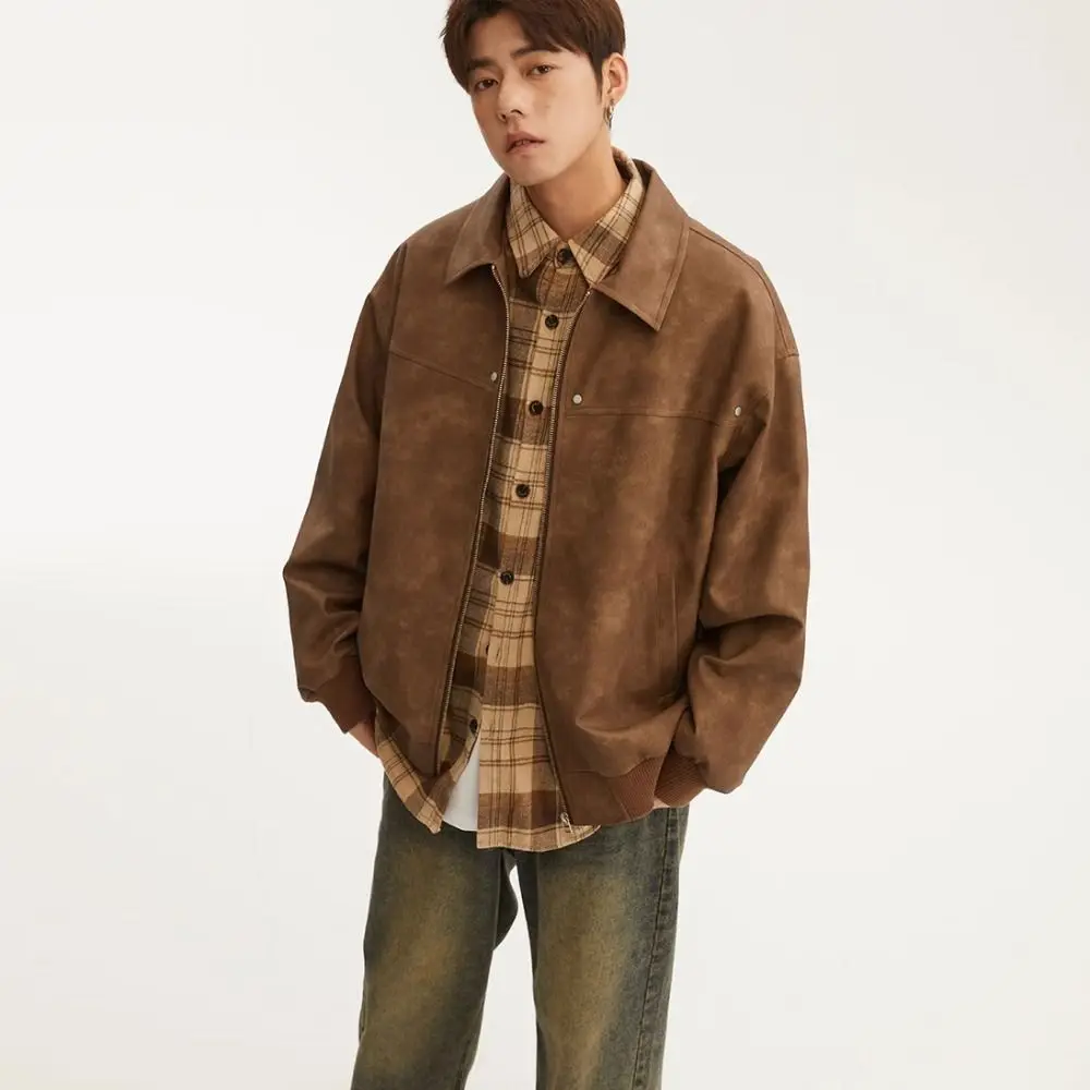 

Fashion Loose Fit Men Jackets Solid Color Thick Turn Down Collar Jacket Long Sleeves Warm Zipper Coat American Style