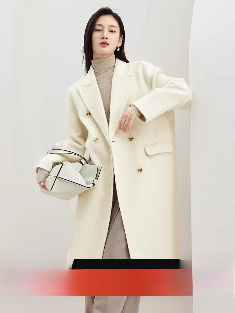 

Korean Sle Woolen Coat Women's Double Breasted Casual Double Face Long Sve Jaet Top Winter New Arrival Buttoned Outerwear