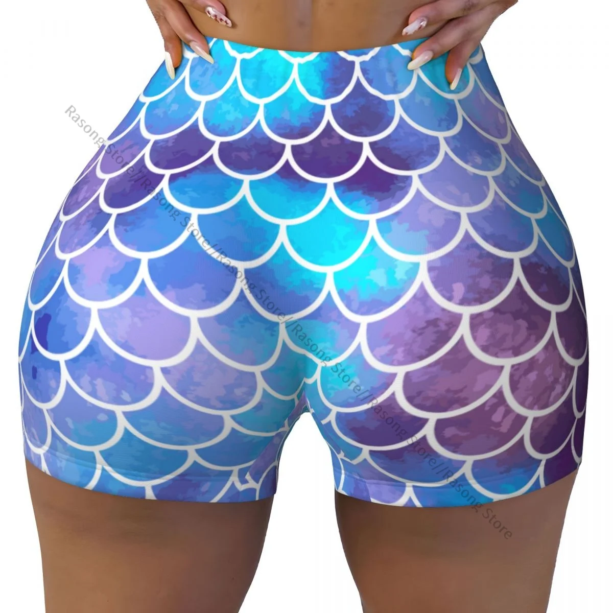 Push Up Short Elasticity Scrunch Butt Mermaid Scales Fish Scales Blue Print Running Shorts Sports Shorts Womens Clothes Gym