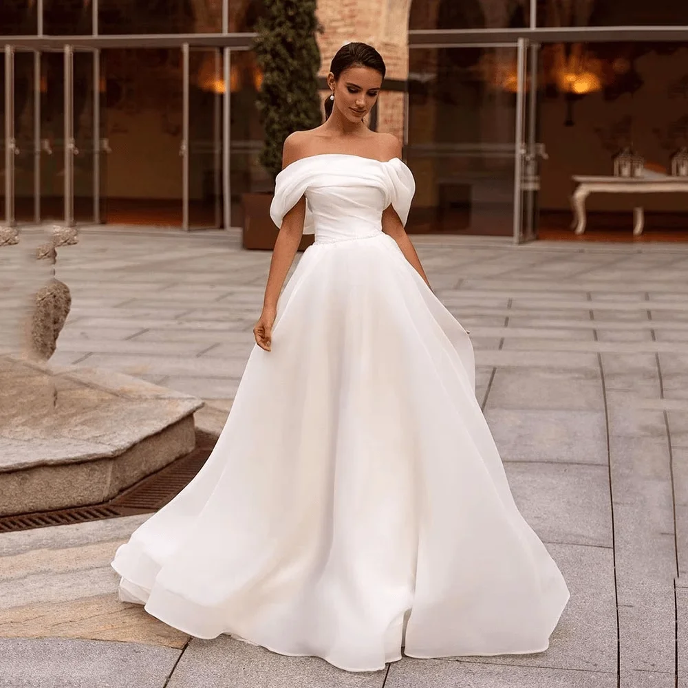 

Elegant off the shoulder Wedding Dresses short-Sleeves A-line Bride Dress court train vestido novia custom plus size