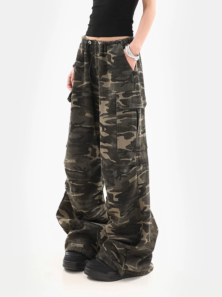 American Vintage Camouflage Cargo Pants Niche Design Sense Drawstring Casual Pants Streetwear Wide Leg Trousers Straight Pants