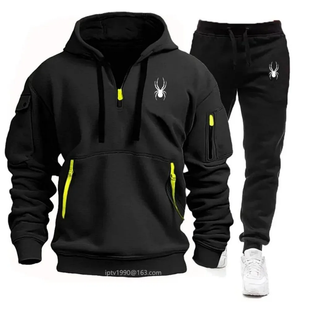 

Spring and Autumn Winter Men's New Multi Pocket Zipper Long Sleeve Hoodie+Sports and Leisure Pants Two Piece Fitness and Slow Ru