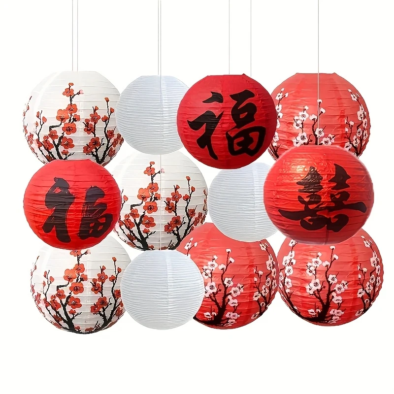 مجموعة مكونة من 12 قطعة من الفوانيس الورقية الصينية، مجموعة فوانيس ورقية من زهر البرقوق فو شي، تصميم زهر البرقوق المجوف باللون الأحمر والأبيض والذهبي (ألوان مختلطة) لتزيين حفلات مهرجان الربيع، وأنشطة الحفلات والعام الجديد، وأحجام مختلفة #1
