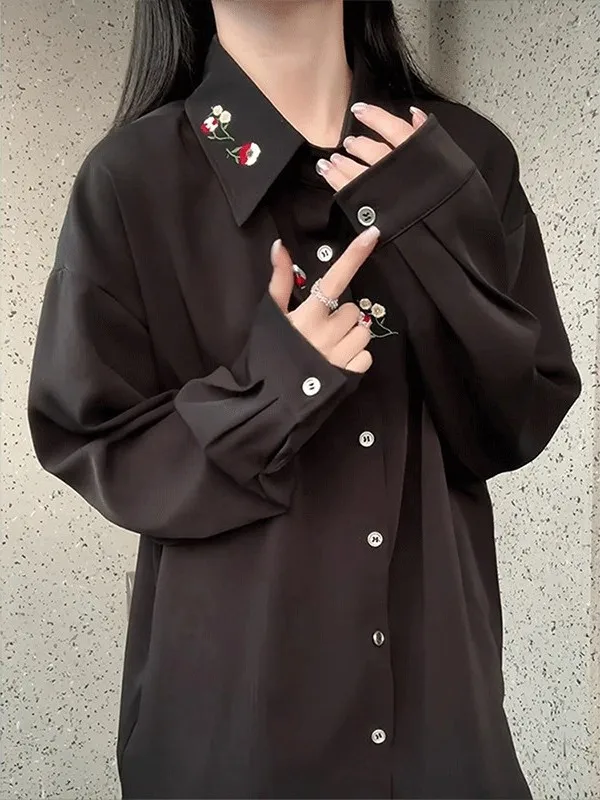 

Bla Floral Embroidery Long Sve Men's irt Spring Autumn Inner Wear Casual Sle American Trendy Brand Outerwear