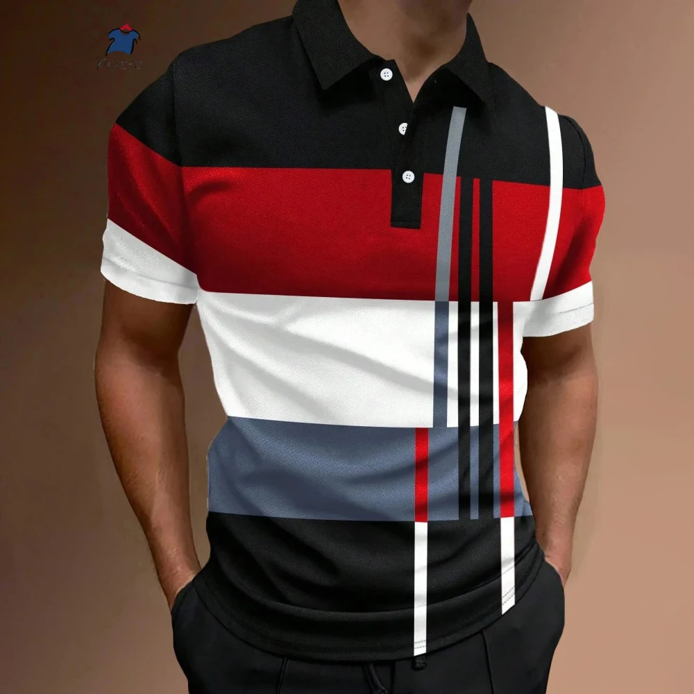 

New Male Golf Stripe Polo Men's Casual Short-Sleeved Polo Shirt Solid Color Lapel Fashion Business Sports Breathable T-Shirt Top