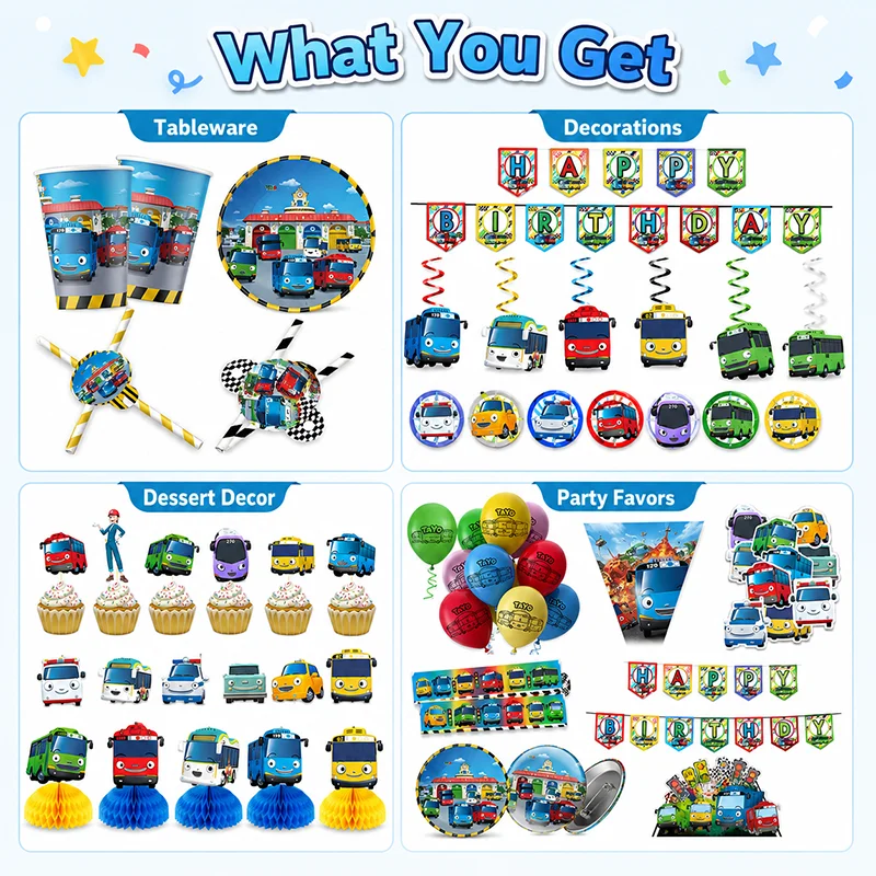 Cartoon Tayo the Little Bus Car Party Decoration  Spiral Balloon Banner Brooch Cake Supplies Banner For Birthday Decorations