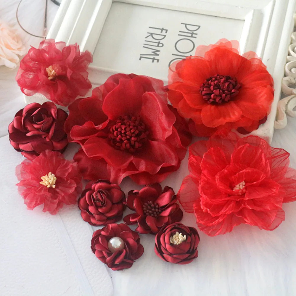 10PCS/Lot Mix Styles Wine Red Series Fabric Chiffon Rose Flowers Hair DIY Accessories Dress Hats Decoration