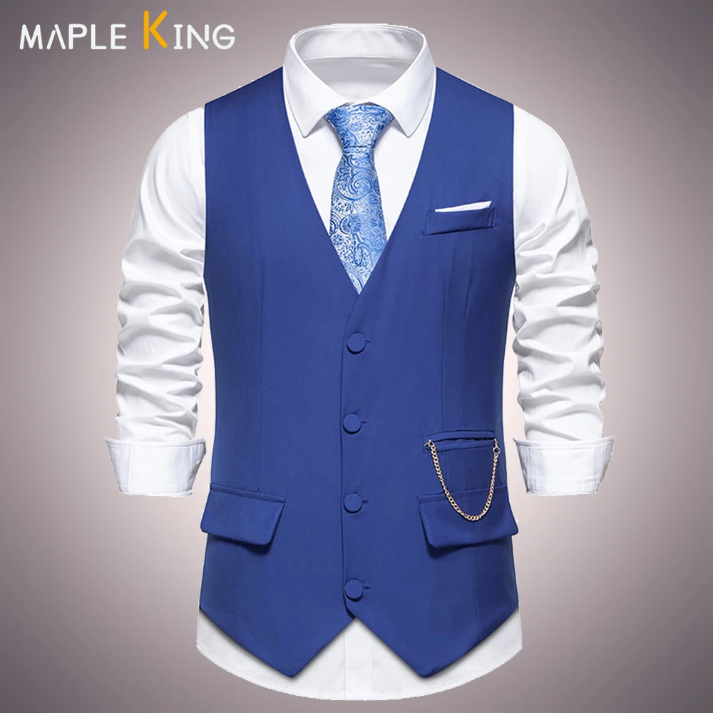 Moda Hombre 2024 Wedding Suit for Men Vest Waistcoat Chain Matching V-neck Formal Social Gentleman Party Gilet Costume Homme