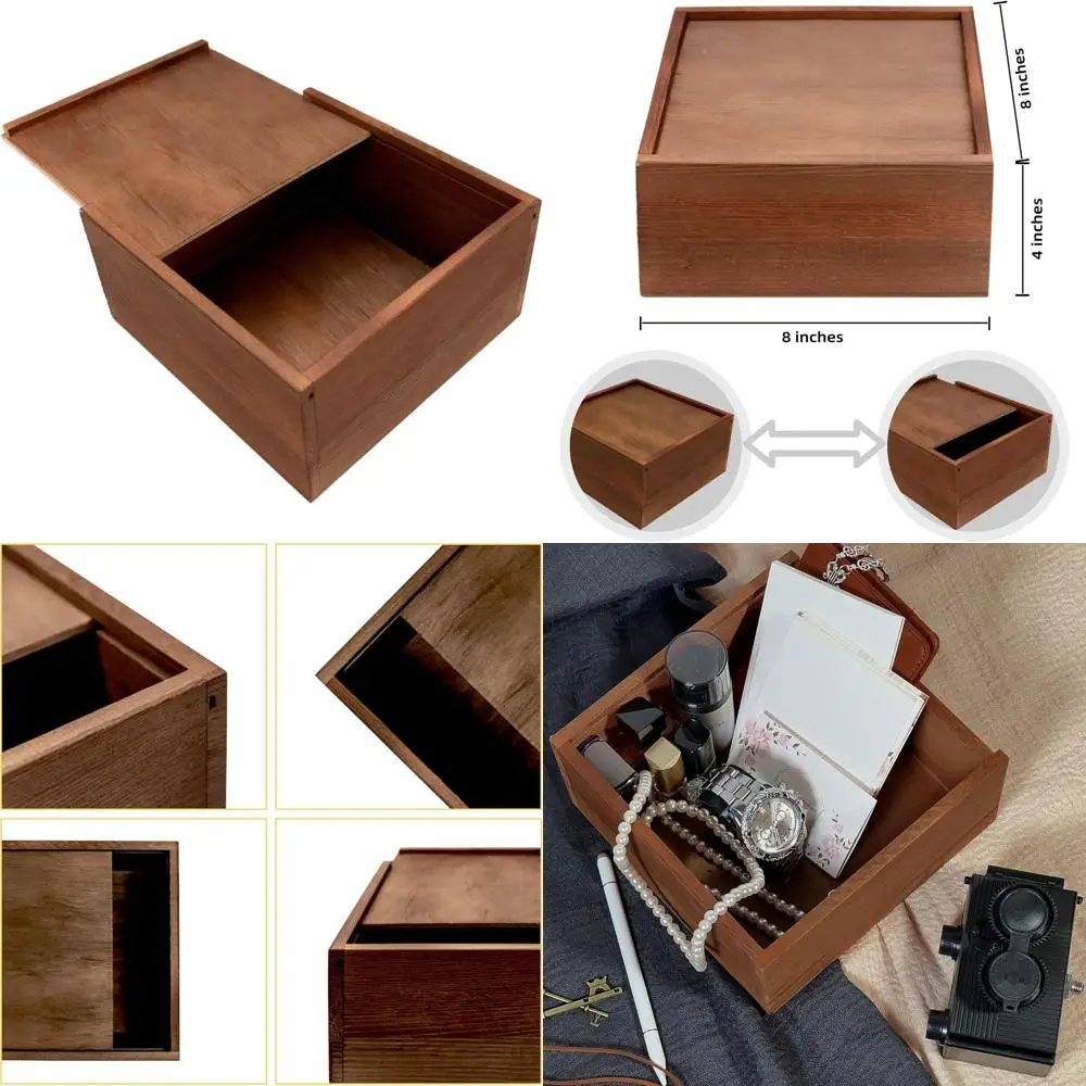 

Сдвижной комод из цельного дерева 8x8x4 дюймов, элегантный ящик для хранения ювелирных изделий, фотографий и сувениров, винтажный акцент для домашнего декора