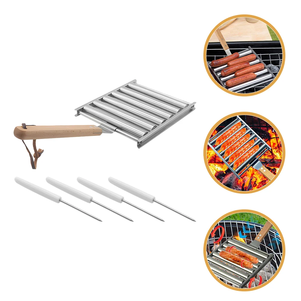 Stainless Steel Hot Dog Sausage Grill Rack Detachable Rolling BBQ Set 4 Skewers Outdoor Camping Barbecue Tools Easy