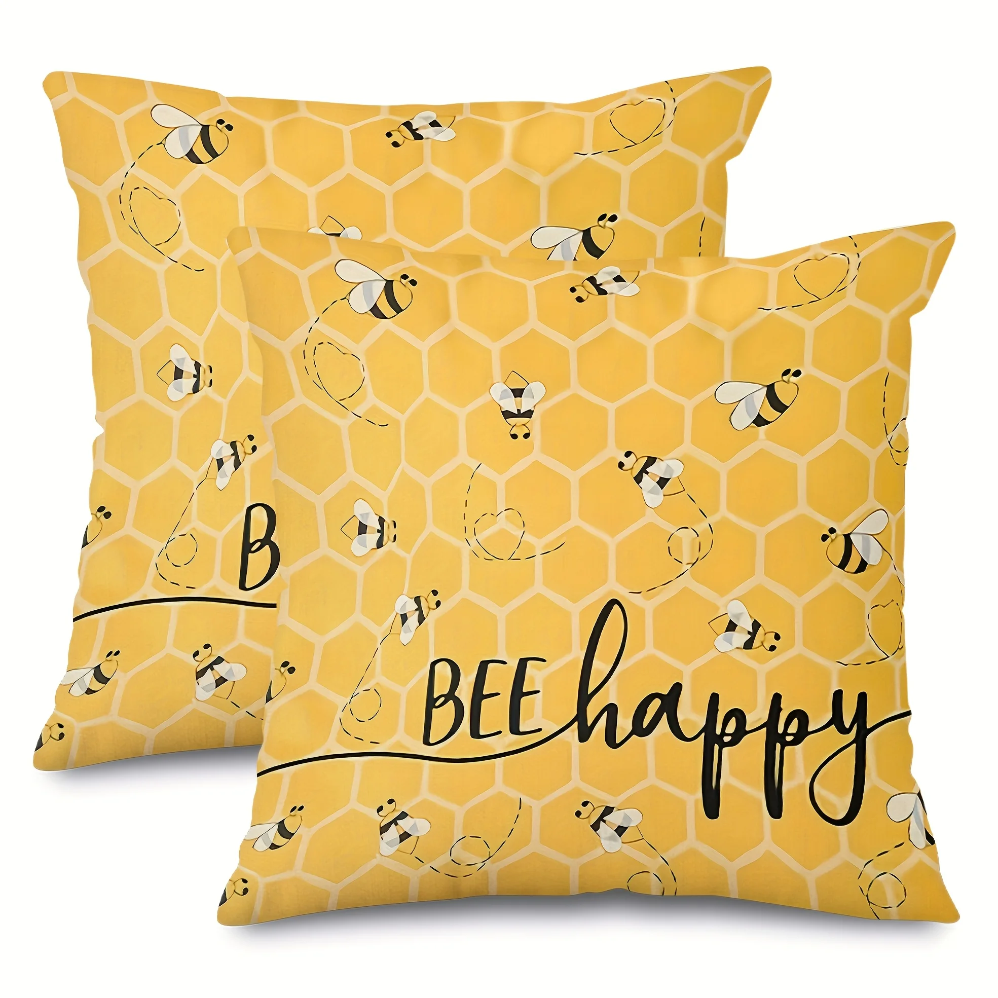 Honeycomb Bee Motif Cushion Covers Zippered Machine-Washable Contemporary Farmhouse Style Bee Decorative Square Covers