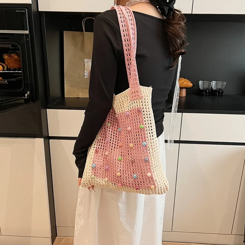 

Colorful Knitting Shoulder Bag Large Capacity Korean Style Bohemian Crochet Tote Bag Versatile Beaded Decoration