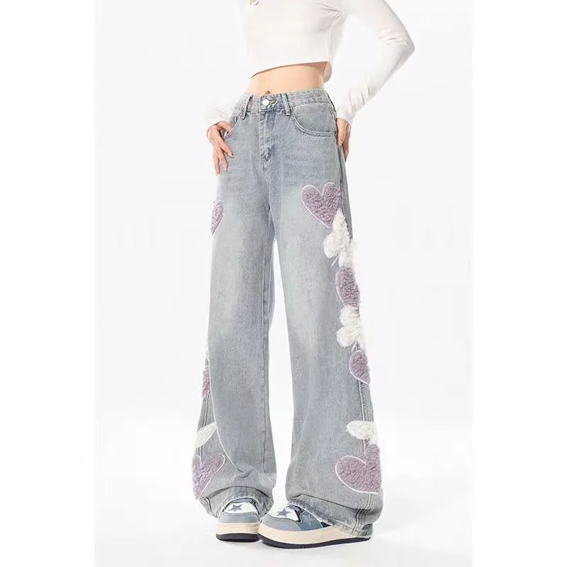 Korean Fashion Love Butterfly Embroidered Jeans For Women Winter High Waist Straight wide leg pants Aesthetic outwear trousers