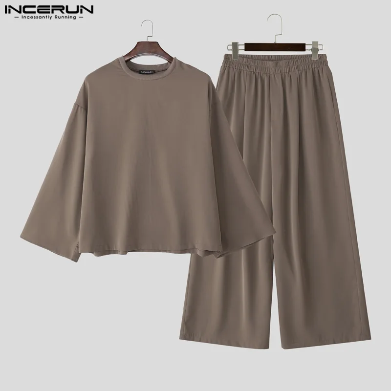 

INCERUN Men Sets Solid Color O-neck Long Sleeve T Shirt & Pants Two Pieces Sets Streetwear Loose Fashion Casual Men Suits S-5XL