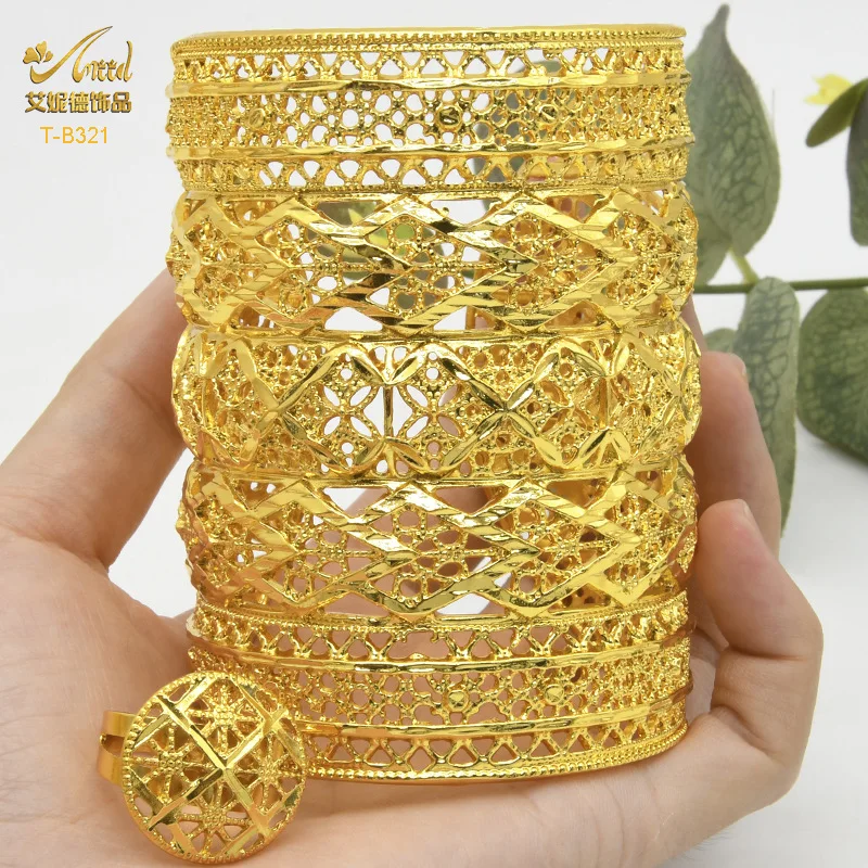 Conjunto de anel de pulseira de cobre aberto dubai oco gravura banhado a ouro jóias noiva areia ouro jóias vendas diretas da fábrica