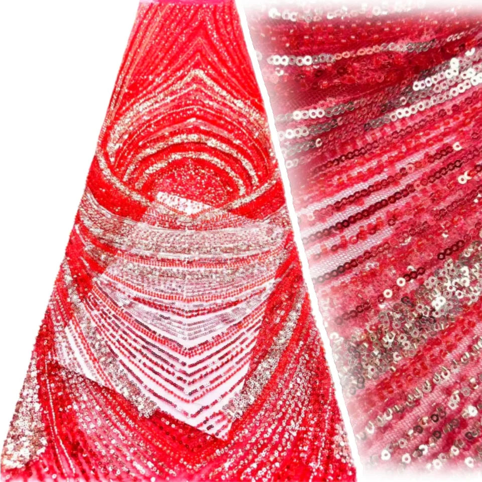 

Большая красная роскошная африканская ткань с бисером и кружевом, новейшая французская ткань с пайетками для женских вечерних платьев и шитья нарядов 2026 года, 2559