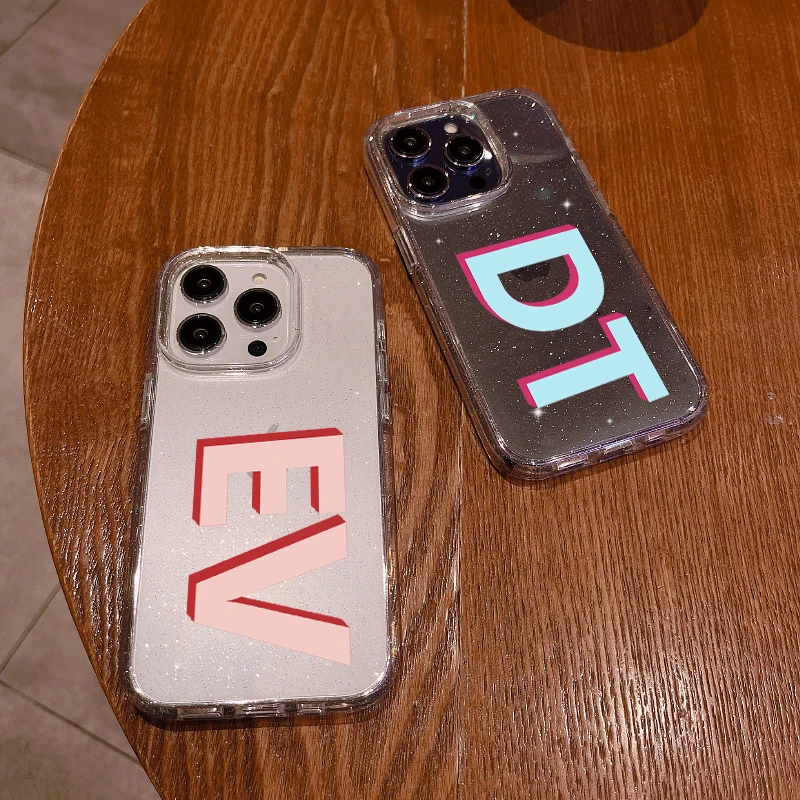 3D Luxury Personalised Customized Name Initials Letters Case For iPhone 11 12 13 14 15 Pro Max Soft Transparent Glitter Cover 15