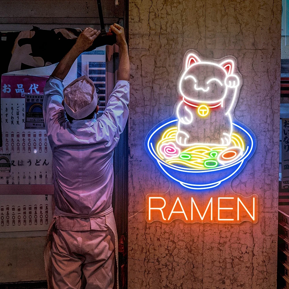 

Fortune Cat Ramen Neon Sign Japanese Noodles Restaurant Neon Sign Food Bar Decoration Lucky Cat Led Neon Light Wall Art Decor