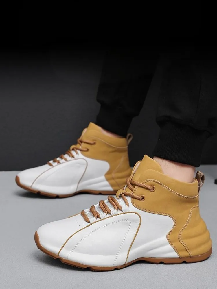 Mens Casual High Top Shoes Lace Up Round Toe Fashion Mixed Colors Autumn Winter Split Leather Fleece Liner Platform Sneakers
