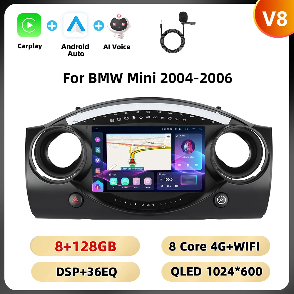 Podofo 8+128G 8-core autoradio voor BMW Mini 2004-2006 multimediaspeler Android Auto Carplay WIFI 4G Qualcomm AI spraakbesturing auto-audio