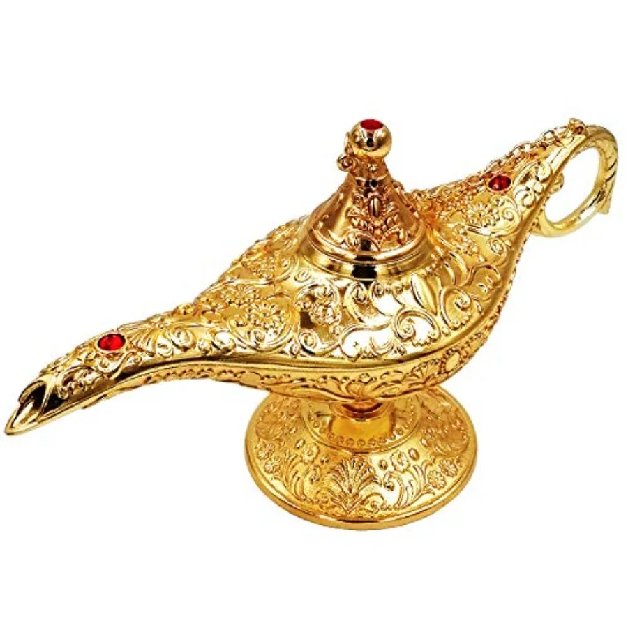 Vintage Aladdin Magic Genie Lamp, Metal Wishing Light for Home Wedding Party Table Decoration Delicate Gift, Large Gold