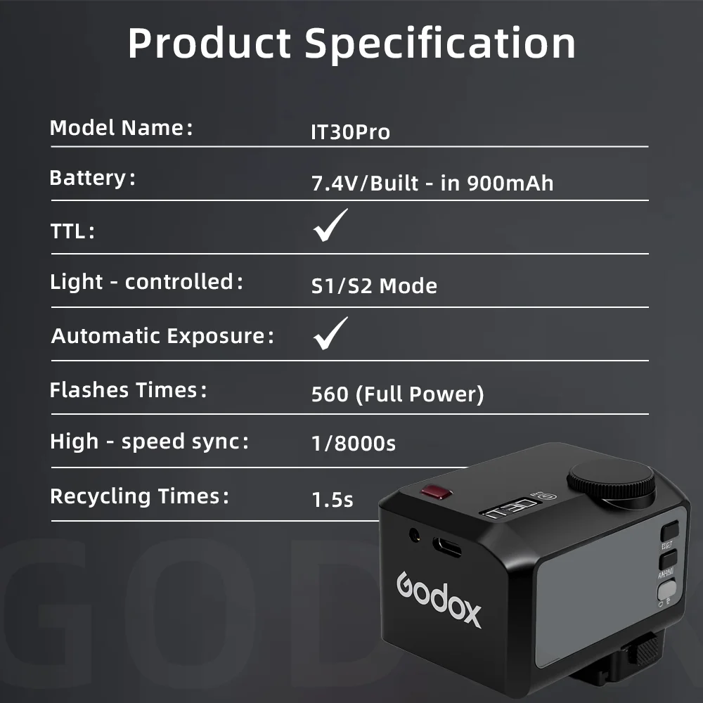 НОВЫЙ Godox iT30Pro Мини-набор Верхняя вспышка Сенсорный экран Ретро Свет Литиевый TTL Высокоскоростной синхронный Маленький Портативный 120 г Легкий Фото №4