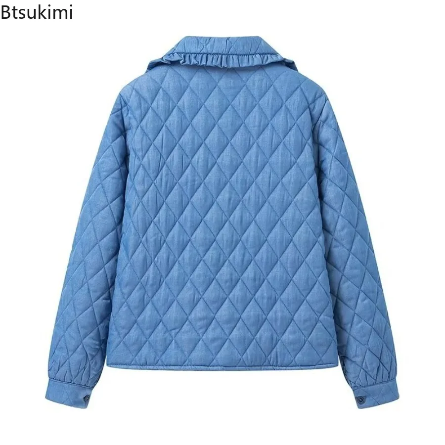 Woman Fashion Solid Turn Down Collar Loose Cotton Jacket 2025 Female High Street Argyle Warm Jackets Girls Casual Lacing Outwear