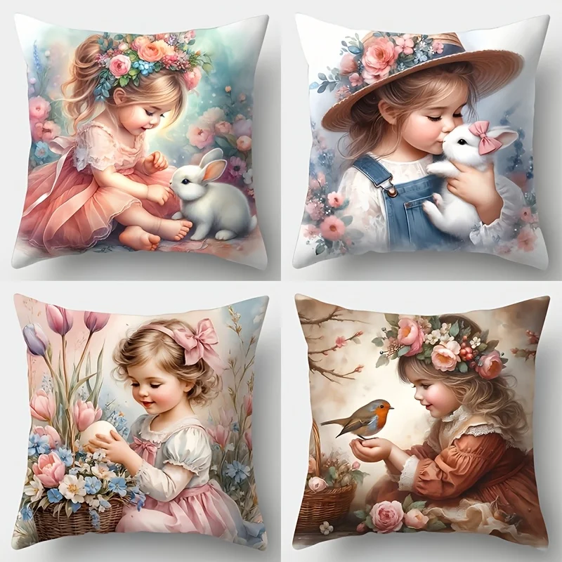 4Pcs Cute Country Theme Pillow Covers - Featuring Pets, Flowers, Birds & Rabbits, Zipper Closure, Polyester Material